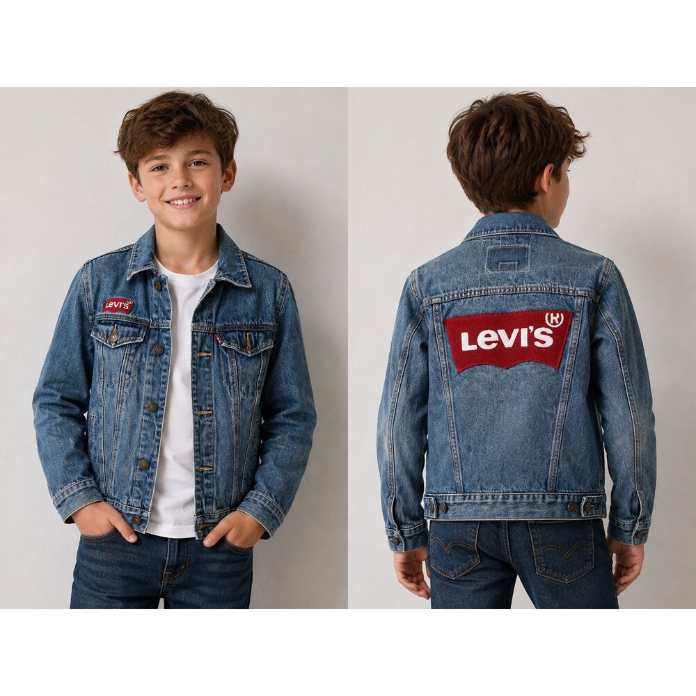 LEVI’S Boys Denim Trucker Jacket Size M 10-12 Blue Logo Applique Jean Jacket